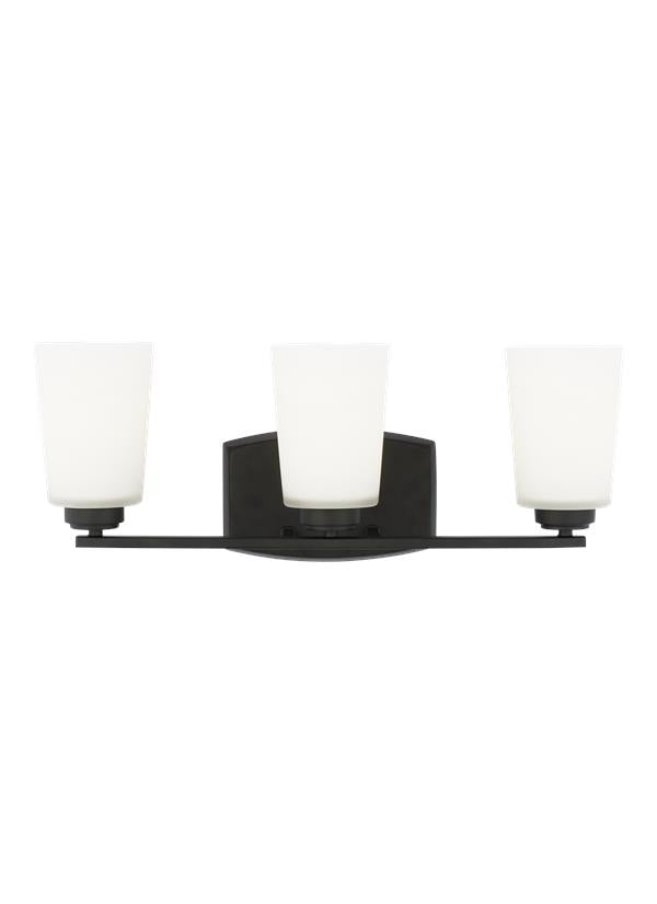 Generation Lighting Franport 3 light midnight black bath vanity wall light with white glass shades