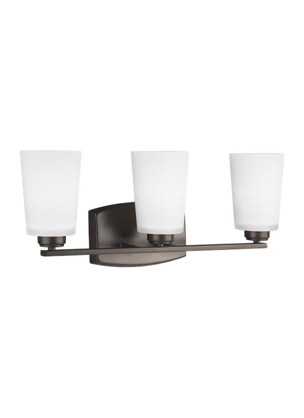 Generation Lighting Franport 3 light bronze bath vanity wall light with etched white glass shades