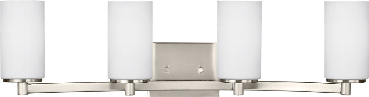 Generation Lighting Hettinger 4 light nickel bath vanity wall light with white glass shades