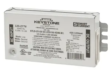Keystone KTLD-25-UV-SC1250-56-VDIM-W1-CP Programmable Constant Current LED Driver, 420-1250mA, Wattage 25W, Voltage 120V-277V