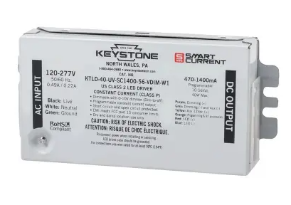 Keystone KTLD-40-UV-SC1400-56-VDIM-W1-CP Programmable Constant Current LED Driver, 470-1400mA, Wattage 40W, Voltage 120V-277V