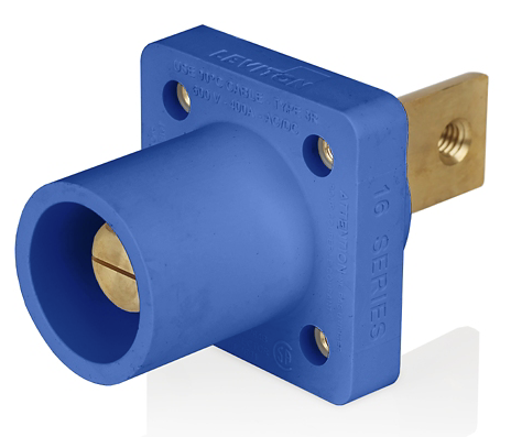 Leviton 16R33-1B 16 Series Male Receptacle, 90-Degree, #2-4/0 AWG, Double Hole Bus Bar, Self-Clinching Nuts, Blue Finish