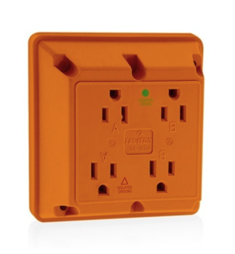 Leviton 1254-IG 4-in-1 Quadruplex 2-Pole 3-Wire Receptacle Outlet, Heavy-Duty Hospital Grade, 15A, 125V, Side Wire, NEMA 5-15R, Orange