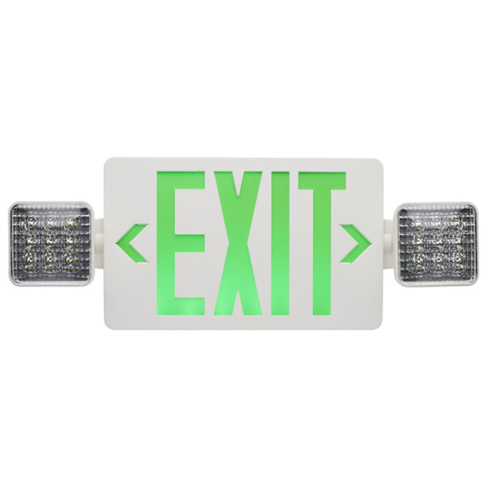 Nuvo 67-120 Combination Green LED Exit Sign/Emergency Light, 90min Ni-Cad backup, Voltage 120/277V, Dual Head, Single/Dual Face, Universal Mounting