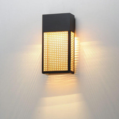 Maxim Lighting 54804BK Lattice Outdoor Wall Lantern lit view showing warm downward illumination