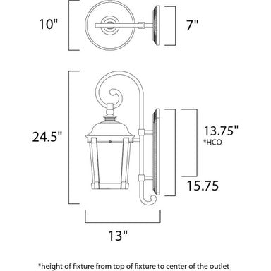 Maxim Lighting 56094FSBZ Dover Outdoor Wall Lantern - dimension diagram showing 24.5H x 10W x 13D inches
