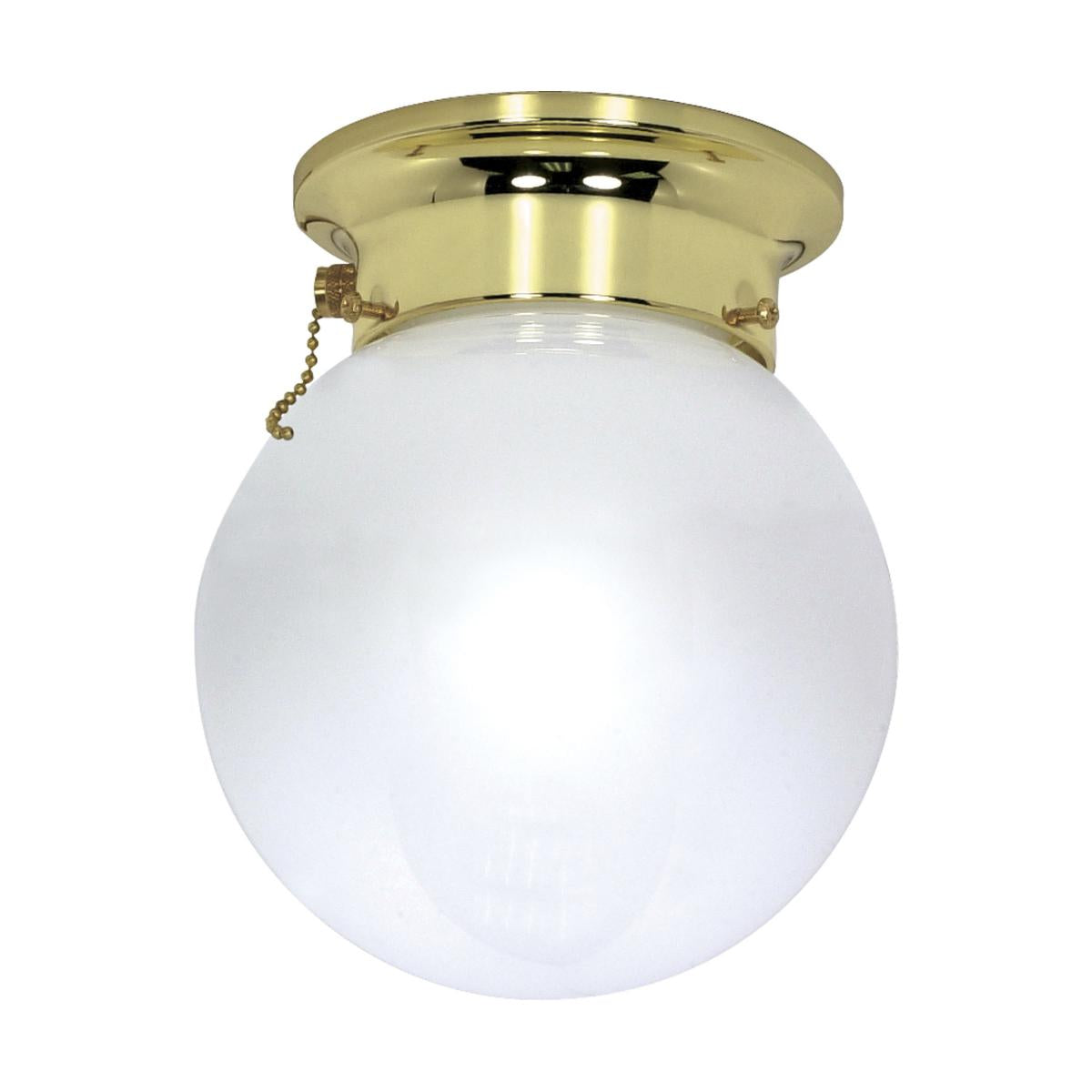 Nuvo 60-295 8" Flush Mount with Pull Chain, White Glass, Polished Brass Finish, 60W Max, Damp Rated