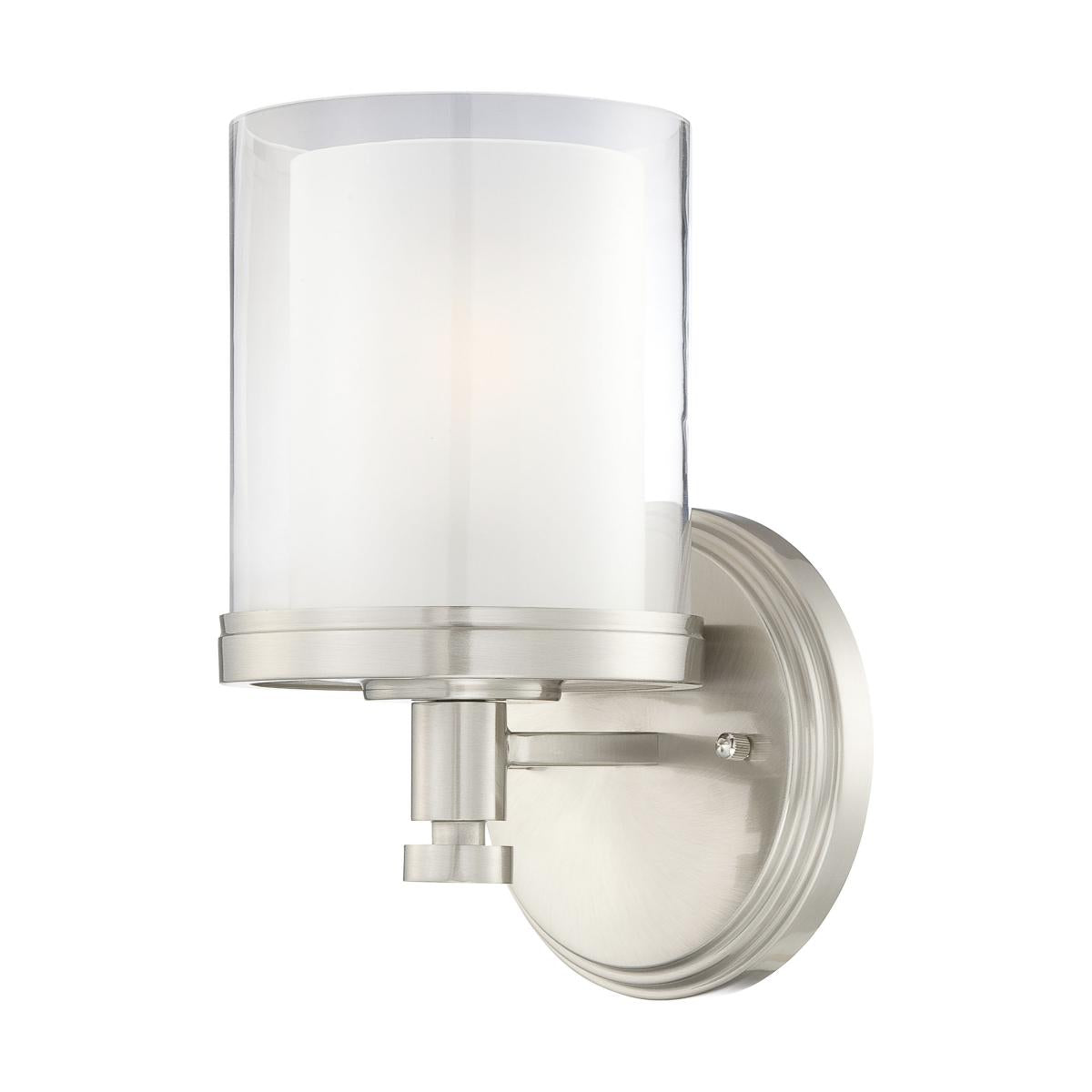 Nuvo 60-4641 Decker 1-Light Vanity Wall Fixture, 100W Max, 120V, Clear & Frosted Glass, Brushed Nickel Finish