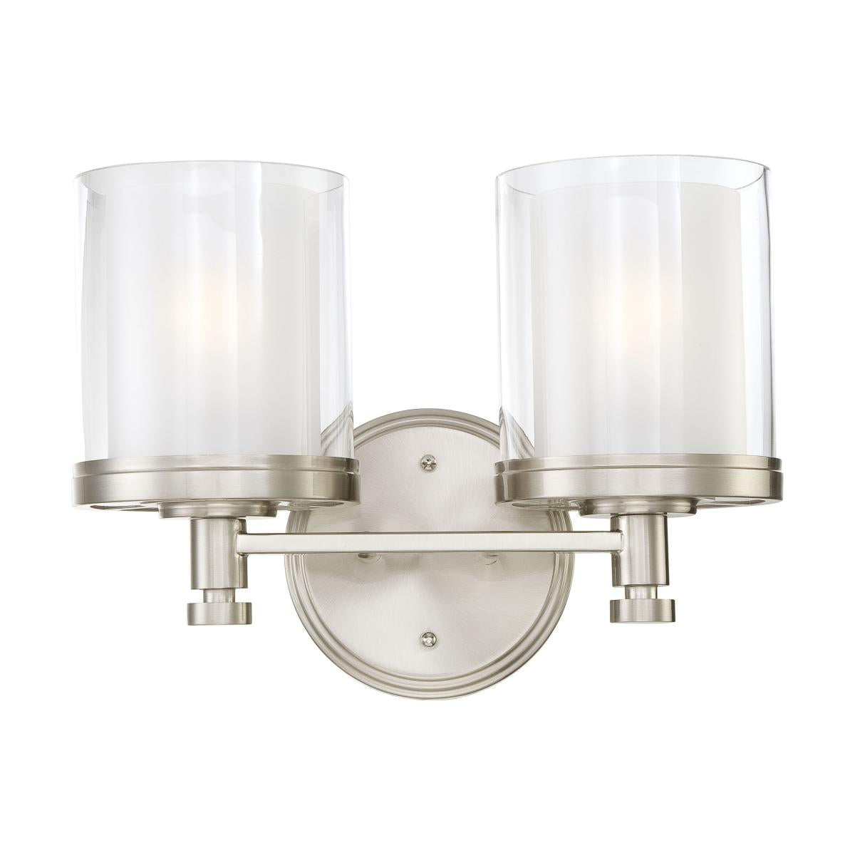 Nuvo 60-4642 Decker 2-Light Vanity Wall Fixture, 100W Max, 120V, Clear & Frosted Glass, Brushed Nickel Finish