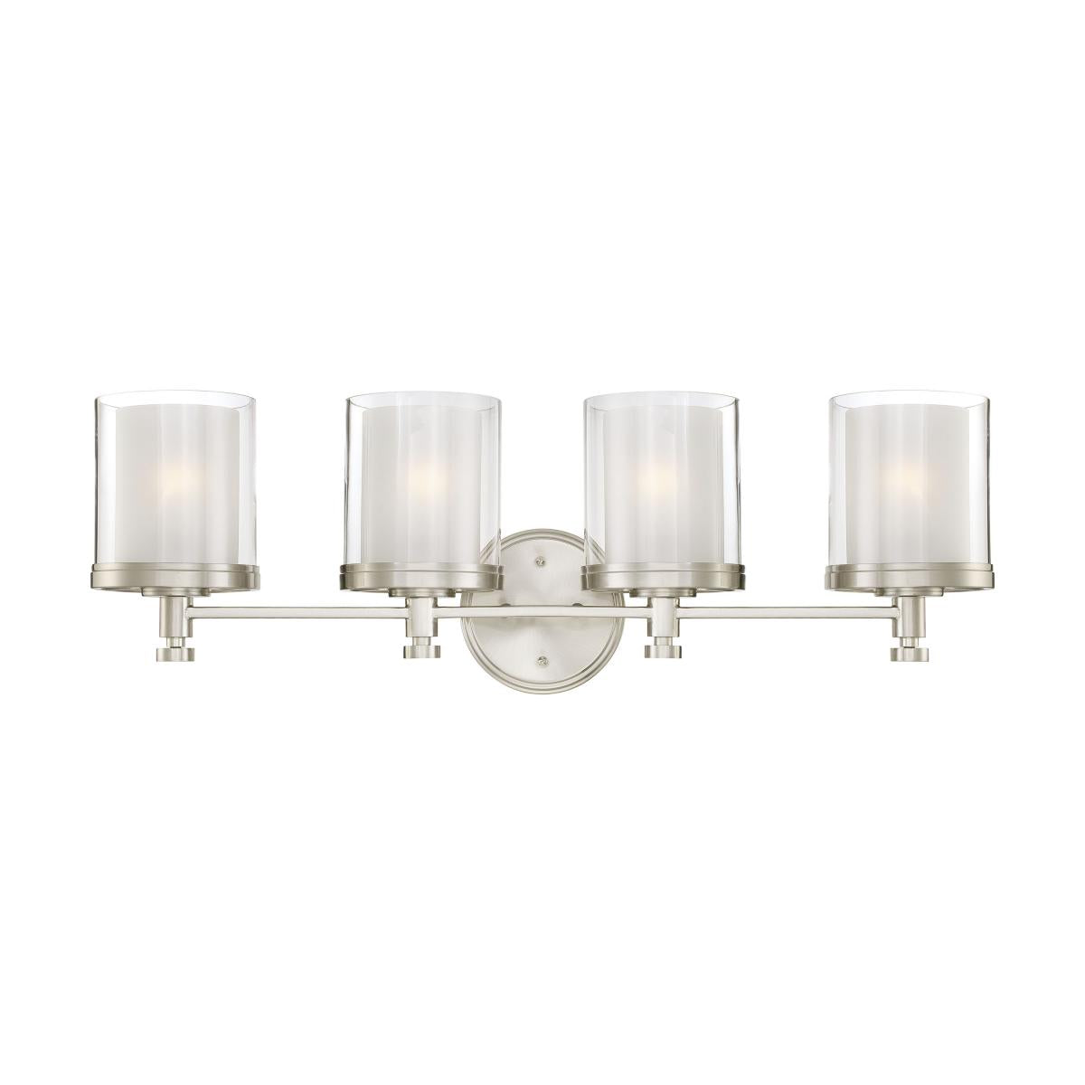 Nuvo 60-4644 Decker 4-Light Vanity Wall Fixture, 100W Max, 120V, Clear & Frosted Glass, Brushed Nickel Finish