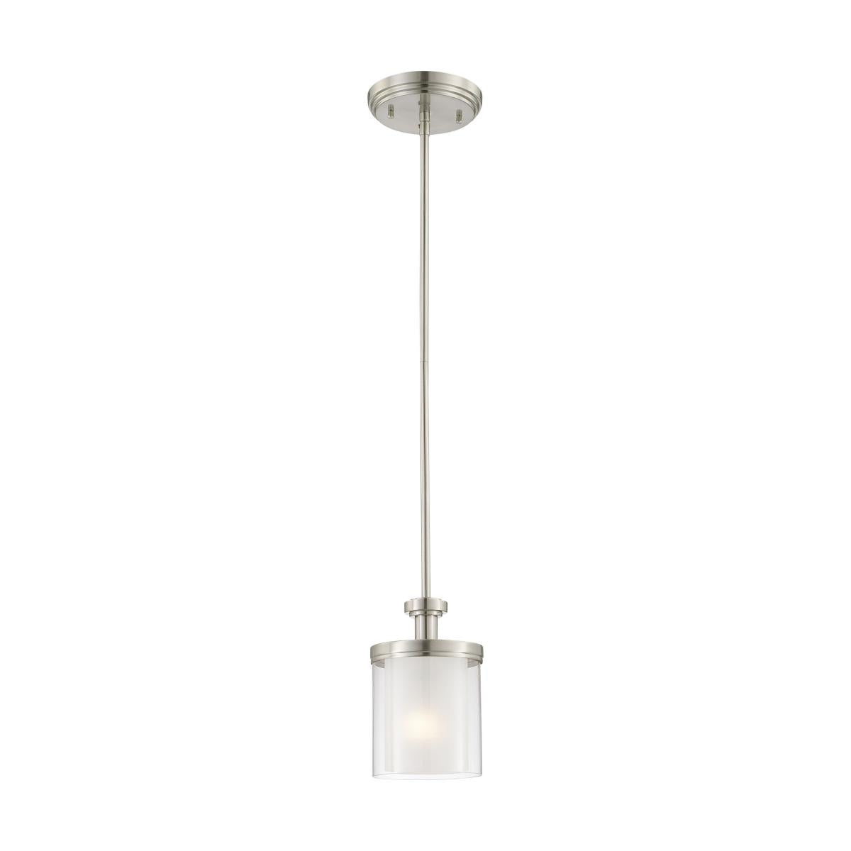 Nuvo 60-4648 Decker 1-Light Mini Pendant, 60W Max, 120V, Clear & Frosted Glass, Brushed Nickel Finish
