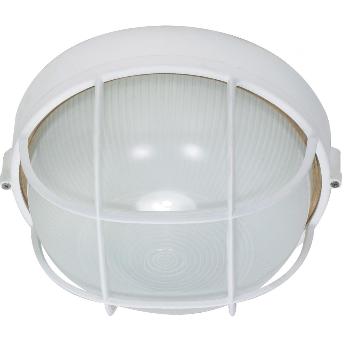 Nuvo 60-518 10" 1-Light Round Cage Bulkhead, White Glass, Semi-Gloss White Finish, 60W Max, Wet Rated