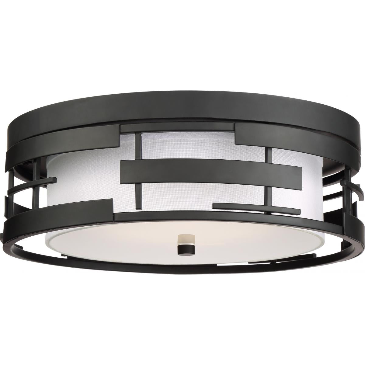 Nuvo 60-6434 Lansing 3-Light Flush Mount - Midnight Bronze with White Fabric Shade & Opal Diffuser, 60W Max, 120V, Dry Location Rated