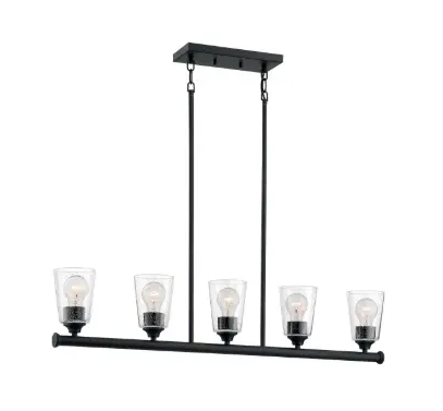 Nuvo 60-7286 Bransel Series Island Pendant Light w/ Seeded Glass, 5 Lights, Wattage 60W, Matte Black