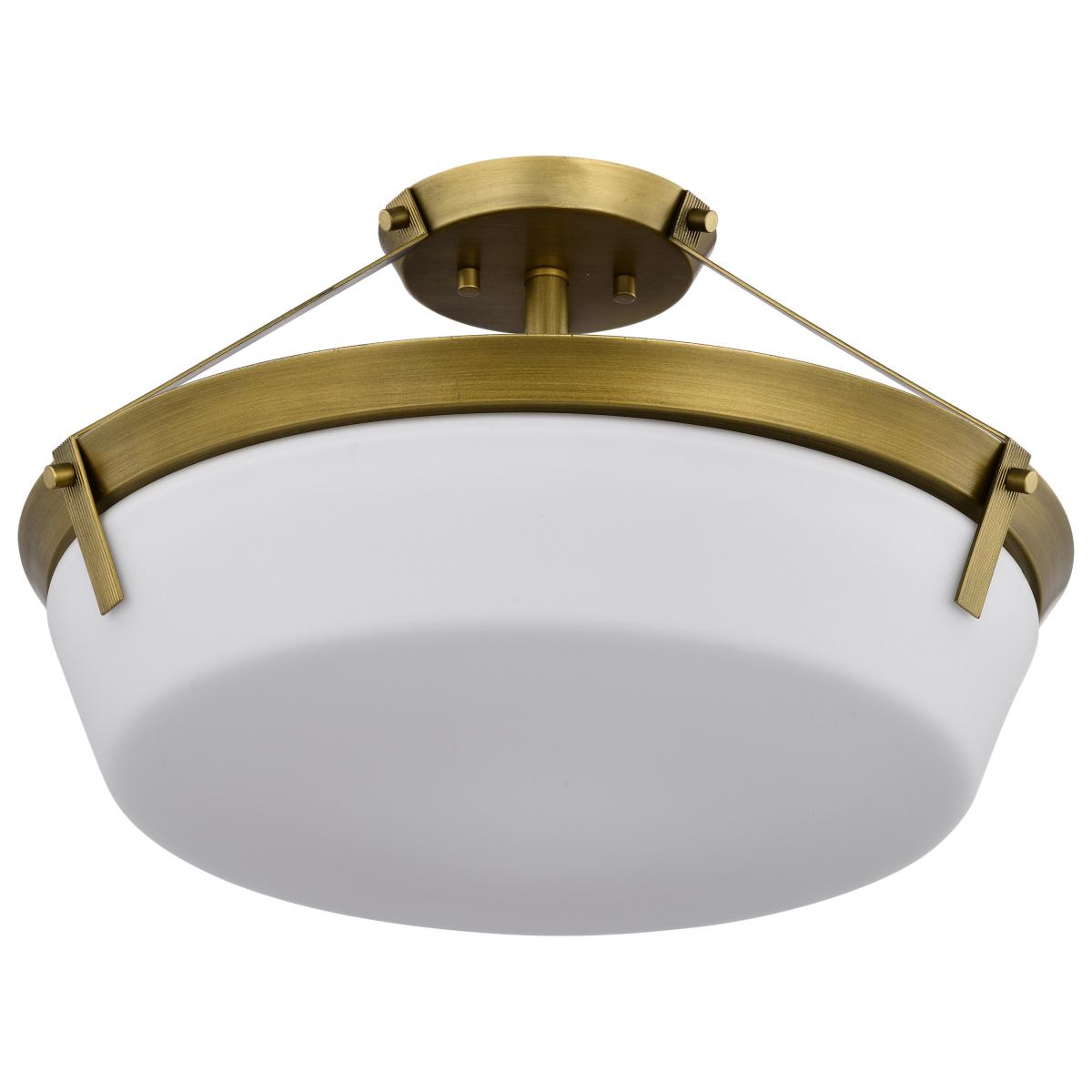 Nuvo 60-7753 Rowen 3 Light Semi Flush Mount – Natural Brass Finish with Etched White Glass, 60W Max, 120V, cULus Listed