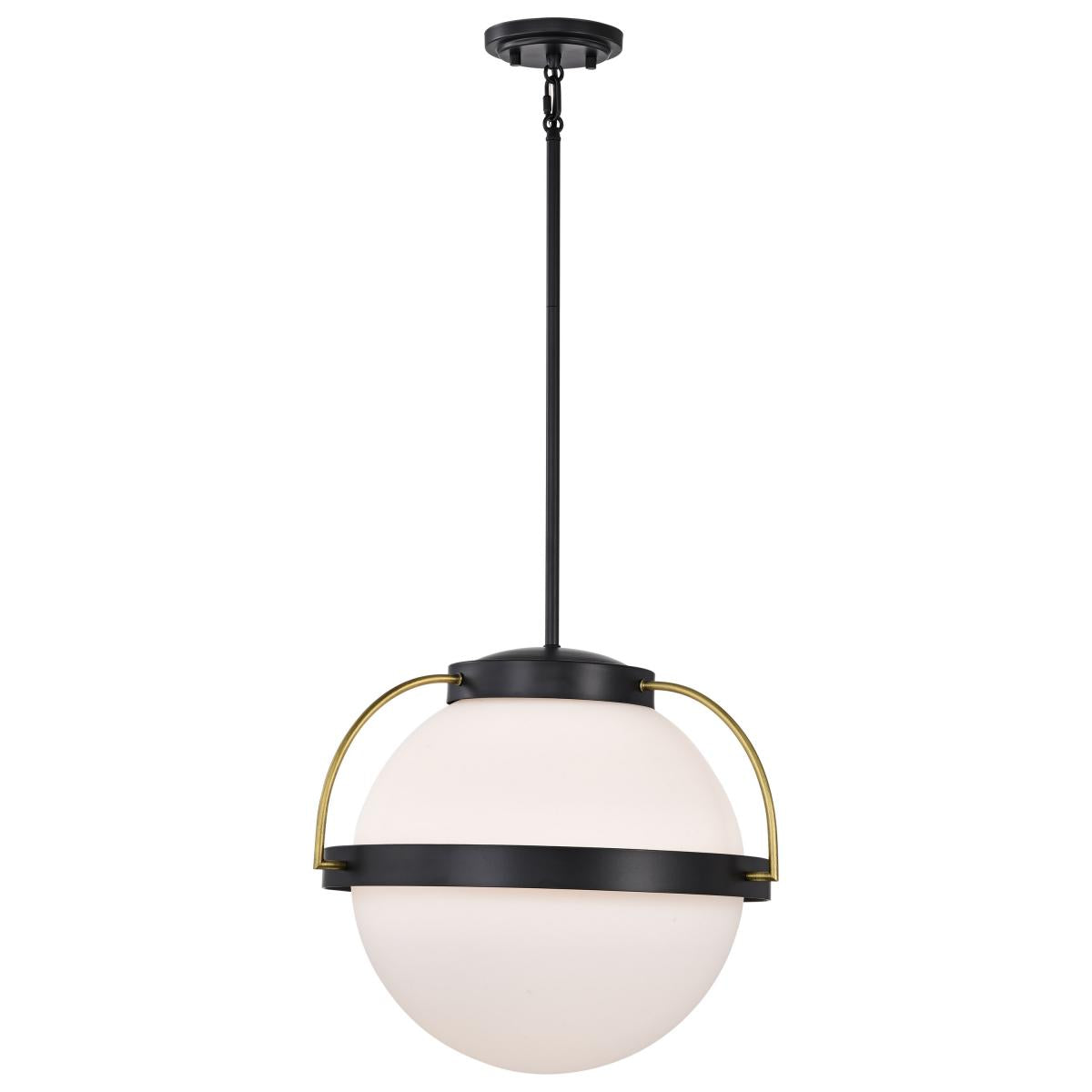 Nuvo 60-7774 Lakeshore 1 Light Medium Pendant – Matte Black & Natural Brass Finish with White Opal Glass, 60W Max, 120V, cULus Listed