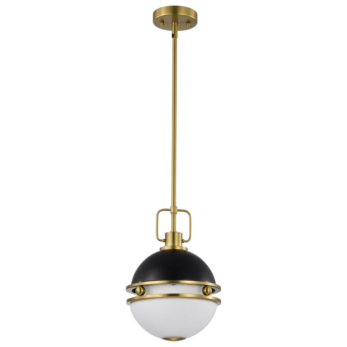Nuvo 60-7876 Everton 1 Light 10" Pendant – Matte Black & Brass Finish with Etched Opal Glass, 60W Max, 120V, cETLus Listed