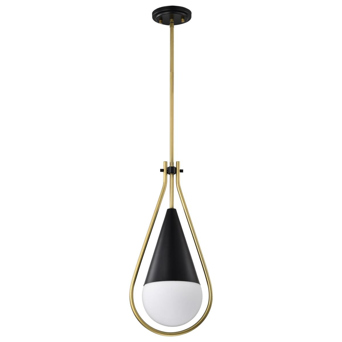 Nuvo 60-7902 Admiral 1-Light Pendant, Matte Black & Natural Brass, White Opal Glass, 6.5"W, 60W, 120V, 36" Stem, Damp Rated