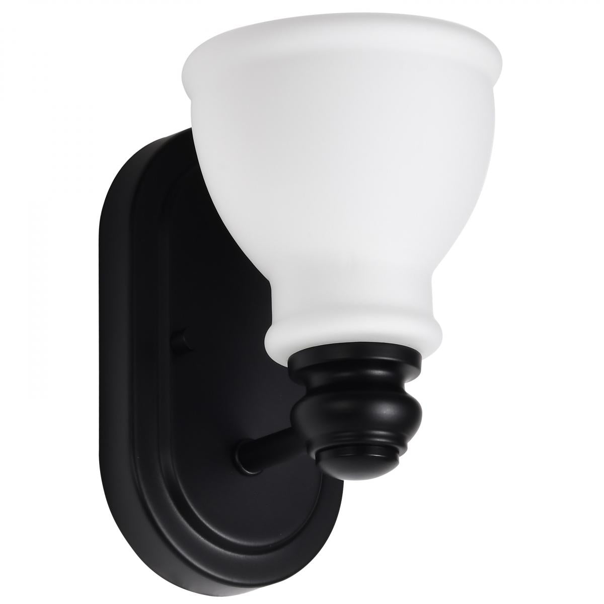 Nuvo 60-8021 Russel 1 Light Vanity – Matte Black Finish with Satin White Glass, 60W Max, 120V, cETLus Listed