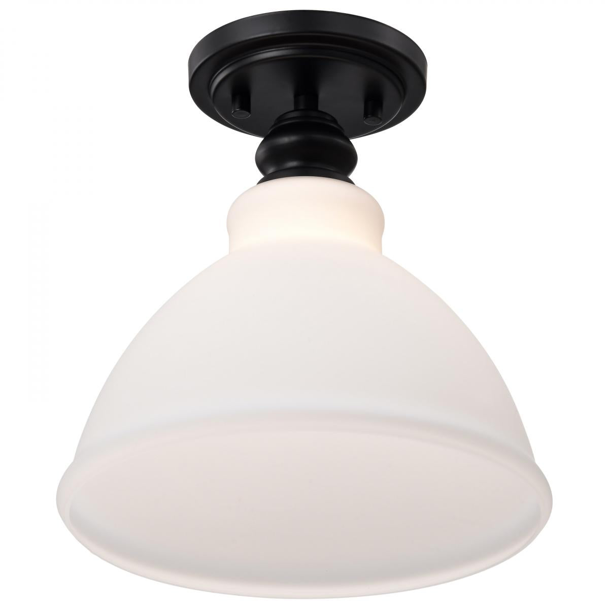 Nuvo 60-8025 Russel 10" Semi Flush Mount – Matte Black Finish with Satin White Glass, 60W Max, 120V, cETLus Listed