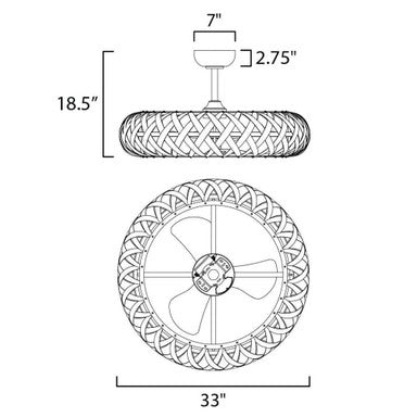 Maxim Lighting 61010BZGTGLD Weave Fandelight dimension diagram 33 inch width 18.5 inch height