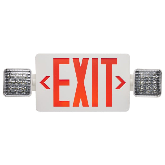 Nuvo 67-122 Combination Red LED Exit Sign/Emergency Light, 90min Ni-Cad backup, Voltage 120/277V, Dual Head, Single/Dual Face, Universal Mounting, Remote Compatible