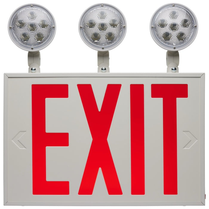 Nuvo 67-124 Combination Red LED Exit Sign/Emergency Light, 90min Ni-Cad backup, Voltage 120/277V, Tri Head, Single/Dual Face, Universal Mounting, NYC Approved