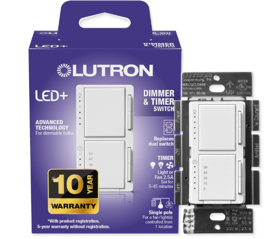 Lutron MACL-L3T251BG-WH Maestro LED+ Dual Dimmer and Timer Switch, 75-Watt LED Bulbs/2.5 Amp Fans, Single-Pole, White