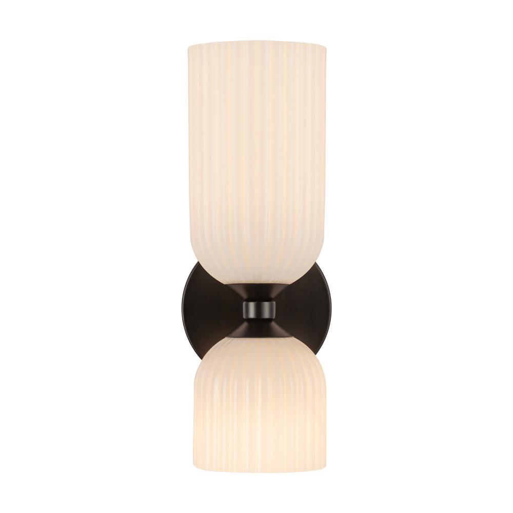 Alora Mood WV442612MBGR 12 inch Nelly 2 Light Matte Black and Glossy Ribbed Opal Glass Bath Vanity Wall Light