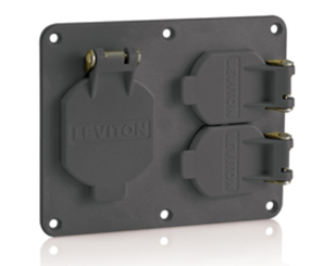 Leviton 3262W-E Two-Gang Coverplate, 1- 1.56" Diameter w/ Weather-resistant Flip-lid, 1- Duplex w/ Weather-resistant Flid-Lid, Black