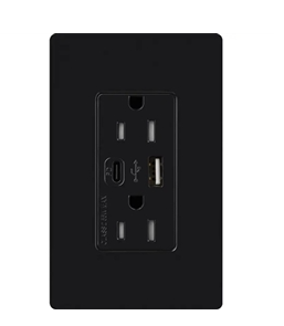 Lutron LTR-15-ACTR-BL New Architectural 15A Tamper Resistant Duplex Dual Type A and C USB Receptacle, Wallplate Not Included, Black Finish