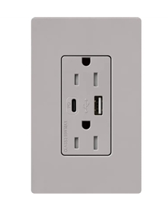 Lutron LTR-15-ACTR-GR New Architectural 15A Tamper Resistant Duplex Dual Type A and C USB Receptacle, Wallplate Not Included, Gray