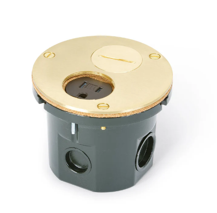 Lew Electric 812-DA-SP-B Flush Mounted Round Floor Box, One 15A Duplex, 2 Screw Plugs, Brass Finish