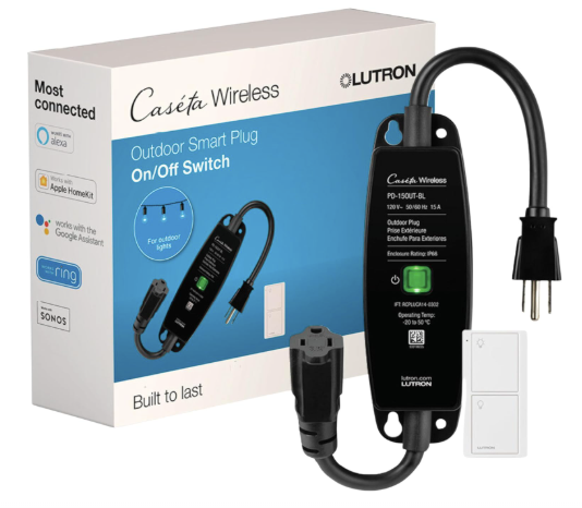 Lutron P-PKG1OUT-BL-R Caseta Outdoor Smart Plug Weatherproof with Pico Smart Remote, for Landscape and String Lighting