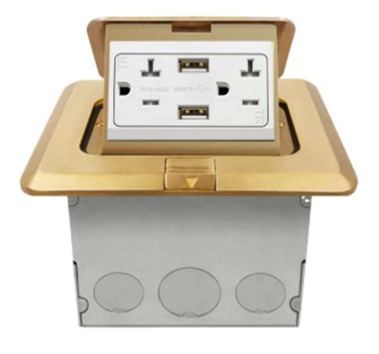 Enerlites 961243-C-USB 20A Square Pop-Up Tamper-Weather Resistant Floor Box USB Duplex Receptacle, Brass Finish
