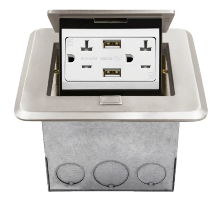 Enerlites 961248-S-USB Nickel Brass Square Soft Pop-Up Floor Box Assembly W/ 20A Tamper-Resistant Duplex