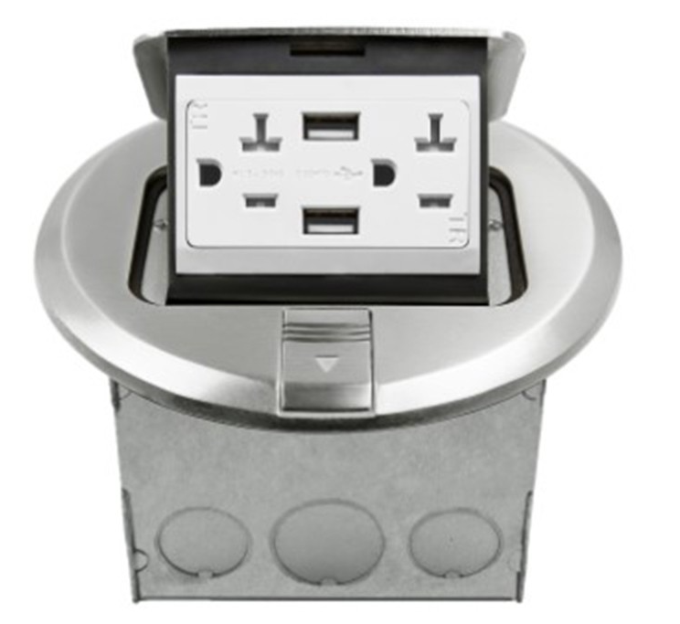 Enerlites 961501-S-USB 20A Nickel-Plated Round Pop-UP Tamper Resistant Floor Box Duplex Receptacle & 2.1A USB ports