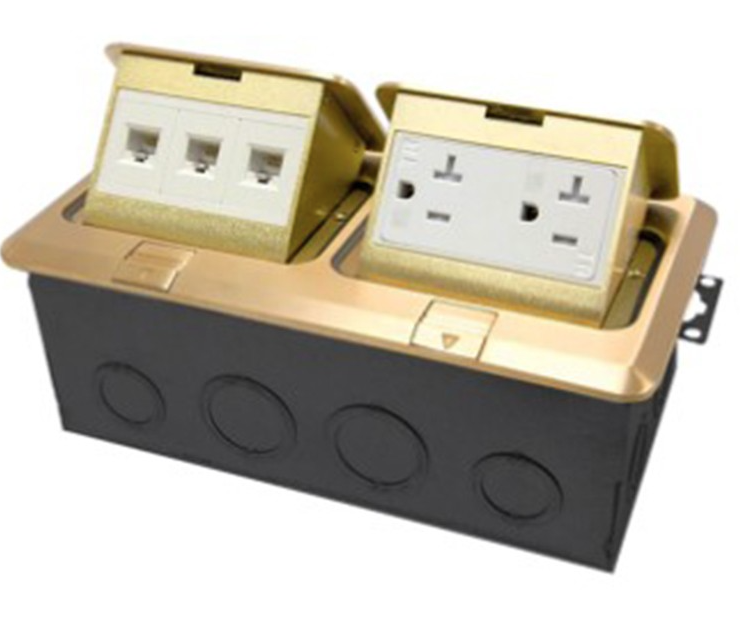 Enerlites 962301-C-D 20A Dual Brass Pop-Up Tamper-Weather-Resistant Floor Box Receptacles & Triple RJ45 Jacks Module