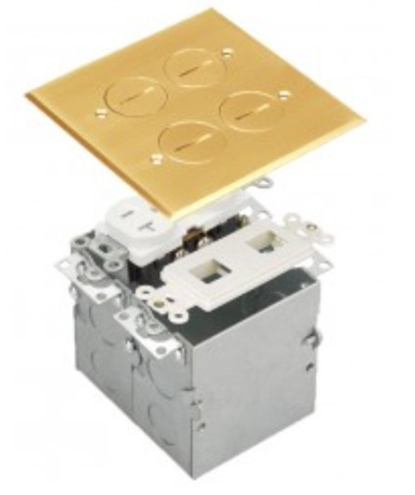 Enerlites 975510-C-D Two Gang Brass Floor Box Assembly W/ Dual 20A Tamper-Weather-Resistant Duplex Receptacles Datacom Module