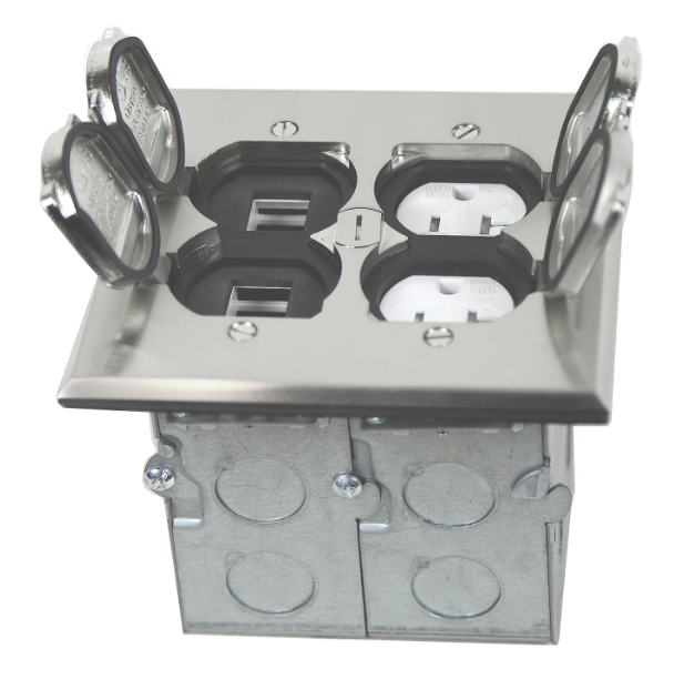 Enerlites 975549-S-D Two-Gang Nickel-Plated Flip Lid 20A Floor Box Tamper-Weather-Resistant Duplex Receptacle & Datacom Module