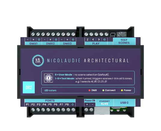 American Lighting AML-DMX-N-DINADR2 Nicolaudie 1024CH Lighting Controller – Cloud, USB & Ethernet, 8 Ports, 99 Scenes, 5 Zones, DIN Rail Mount with 12V PowerDIN Adapter