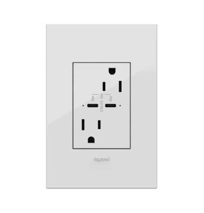 Legrand ARTRUSB15PD30W4 Adorne 30W USB Type-C Outlet, 15A Tamper-Resistant Plus-Size Receptacle, White Finish