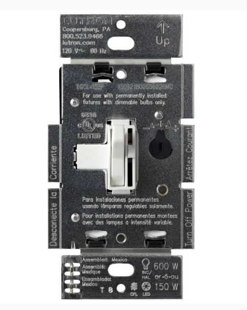 Lutron AYCL-153PH-WH Ariadni LED+ Dimmer Switch – 150W LED, Single Pole/3-Way, No Neutral Required, 120V, White Finish