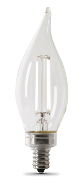 Feit Electric BPCFC60927CAWFIL/4 5.5W (60W Replacement) Soft White (2700K) BA10 Shape (E12 Base) LED Flame Tip Exposed White Filament Bulb Color Temperature 2700K, Wattage 5.5W, Voltage 120V Pack 4