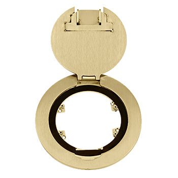 Lew Electric MOI4-REC-P4-C4-BR-AHC-CED Customizable, recessed, 2-Hour Fire Rated Poke-Through with four inch core , (2) single receptacle & (4) communication openings, Brass Finish, Articulated Hinged Cover with Cable Exit Door