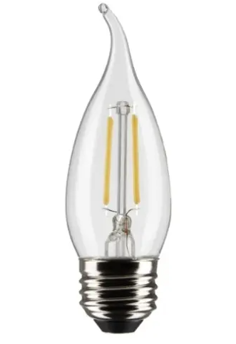 SATCO S21850 LED CA10 Bulb, Flame Tip, E26, Wattage 4W, Lumens 350 lm, Voltage 120V, Color Temperature 3000K, Clear, 2PK