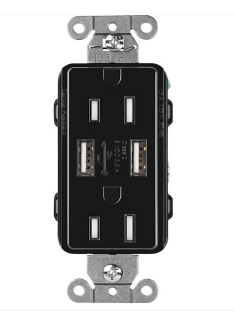 Lutron CAR-15-UBTR-BL Claro 15A Tamper Resistant Receptacle - Dual Usb Type A - Black Finish