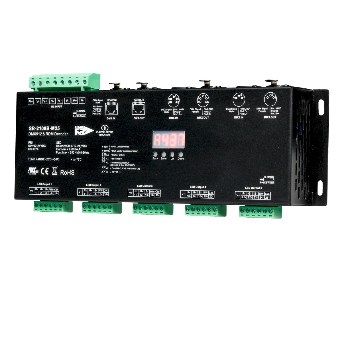 American Lighting AML-DEC-DMX-RJ45-5X5CH Professional-Grade DMX/RDM Decoder – 25-Channel (5x5CH) – XLR3/XLR5/RJ45 Connectivity – 12-24V DC – DALI Dimming – cURus Recognized – ROHS Compliant