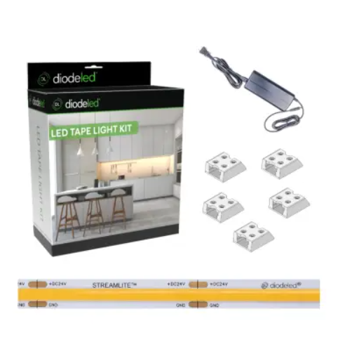 DiodeLED LED tape light kit packaging with components on a white background