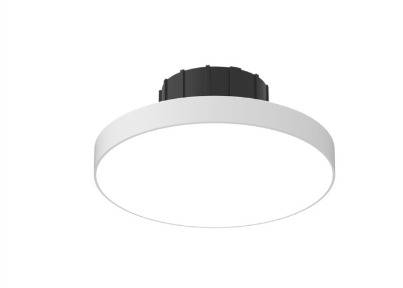 White DMF Lighting DRD5S4R10930O 4" round LED downlight with black fixture, surface mount design.